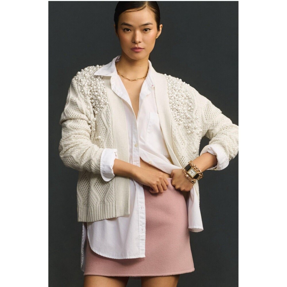 Anthropologie Knit Cardigan Ivory Pearl Embellished Cable Preppy One Size NWT